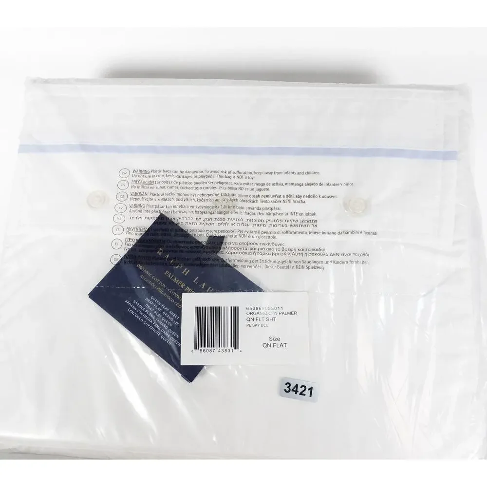 New Ralph Lauren Organic Cotton Percale Palmer Queen Flat Sheet White/Sky Blue